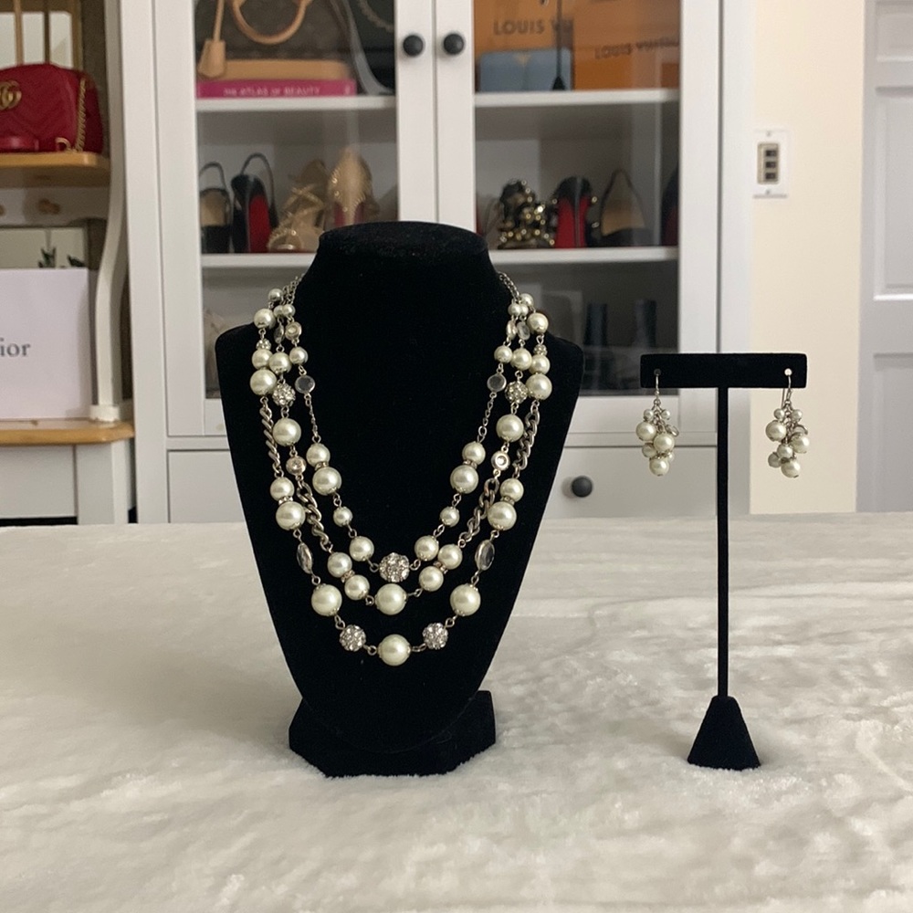 White House Black Market Pearl Strand Layered Necklace with Matching earrings